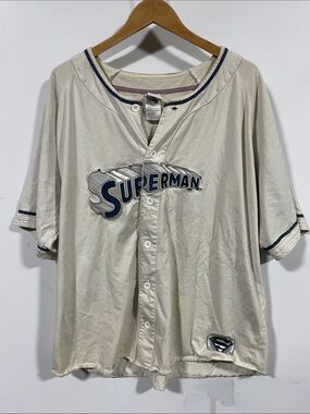 Vintage 90s DC Comics Cream and Navy Superman Baseball Jersey
